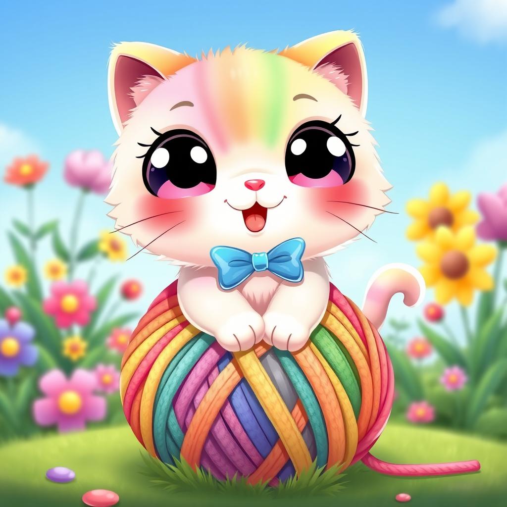 A cute character design featuring a round, chubby cat with oversized sparkling eyes, sitting playfully on a colorful, oversized yarn ball