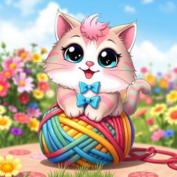 A cute character design featuring a round, chubby cat with oversized sparkling eyes, sitting playfully on a colorful, oversized yarn ball