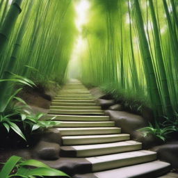 A hyper-realistic, high-quality photograph featuring a series of separate, bright white stone tile steps, descending down a mountain trail surrounded by a dense, green bamboo forest