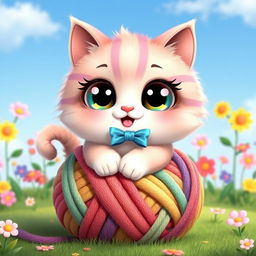 A cute character design featuring a round, chubby cat with oversized sparkling eyes, sitting playfully on a colorful, oversized yarn ball