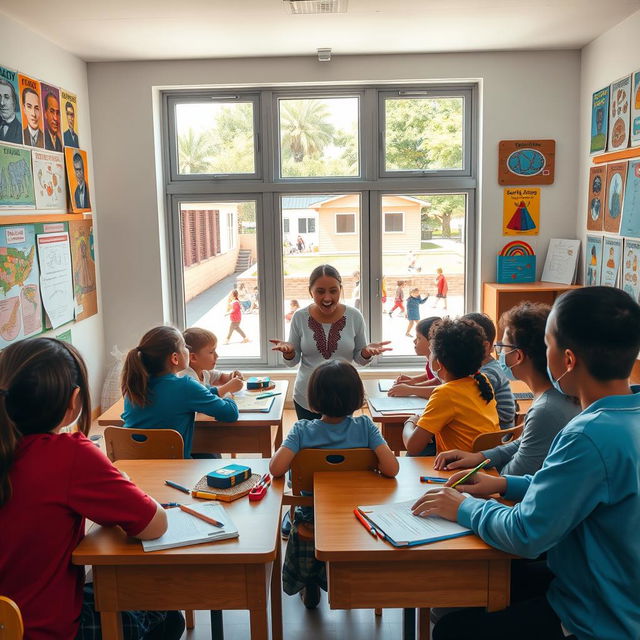 A vibrant, engaging school scene depicting students of various ethnicities collaborating in a classroom full of colorful educational materials