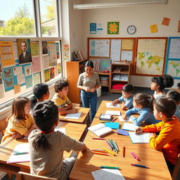 A vibrant, engaging school scene depicting students of various ethnicities collaborating in a classroom full of colorful educational materials