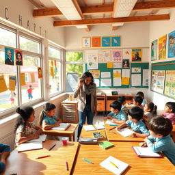 A vibrant, engaging school scene depicting students of various ethnicities collaborating in a classroom full of colorful educational materials