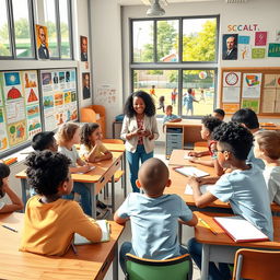 A vibrant, engaging school scene depicting students of various ethnicities collaborating in a classroom full of colorful educational materials