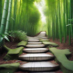 A hyper-realistic, high-quality photograph featuring a series of separate, bright white stone tile steps, descending down a mountain trail surrounded by a dense, green bamboo forest