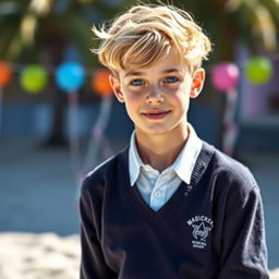 A portrait of an ideal dark blonde teenage boy with fair skin and strikingly attractive light eyes, a captivating mix of blue and green