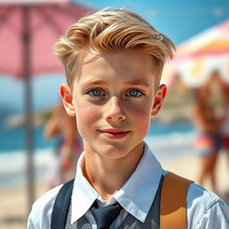 A portrait of an ideal dark blonde teenage boy with fair skin and strikingly attractive light eyes, a captivating mix of blue and green
