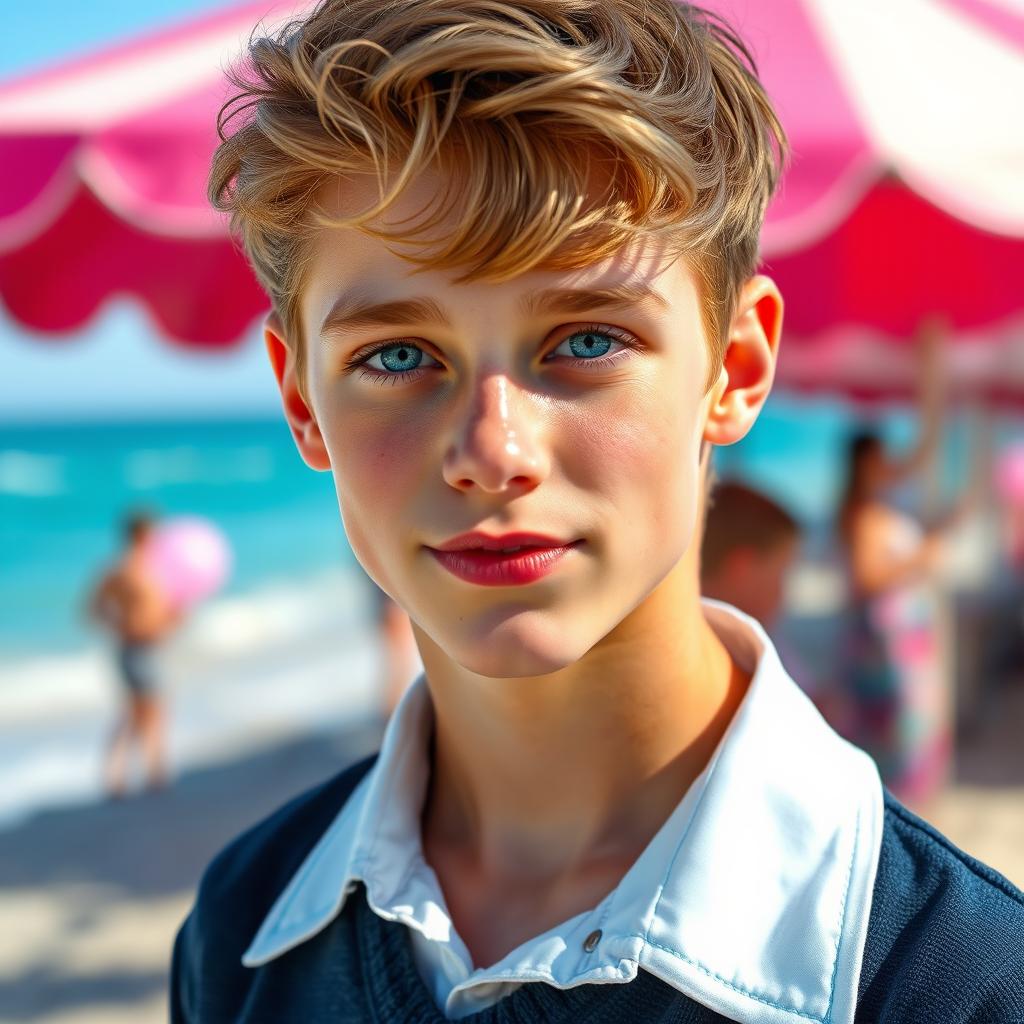 A portrait of an ideal dark blonde teenage boy with fair skin and strikingly attractive light eyes, a captivating mix of blue and green