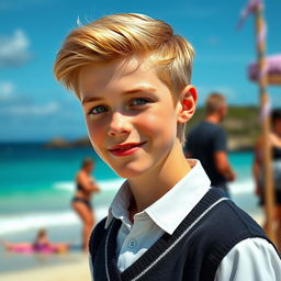 A portrait of an ideal dark blonde teenage boy with fair skin and strikingly attractive light eyes, a captivating mix of blue and green