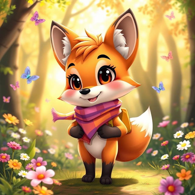 A cute anthropomorphic fox character with big, expressive eyes and a fluffy tail, wearing a colorful, playful outfit that includes a bright scarf and a little backpack