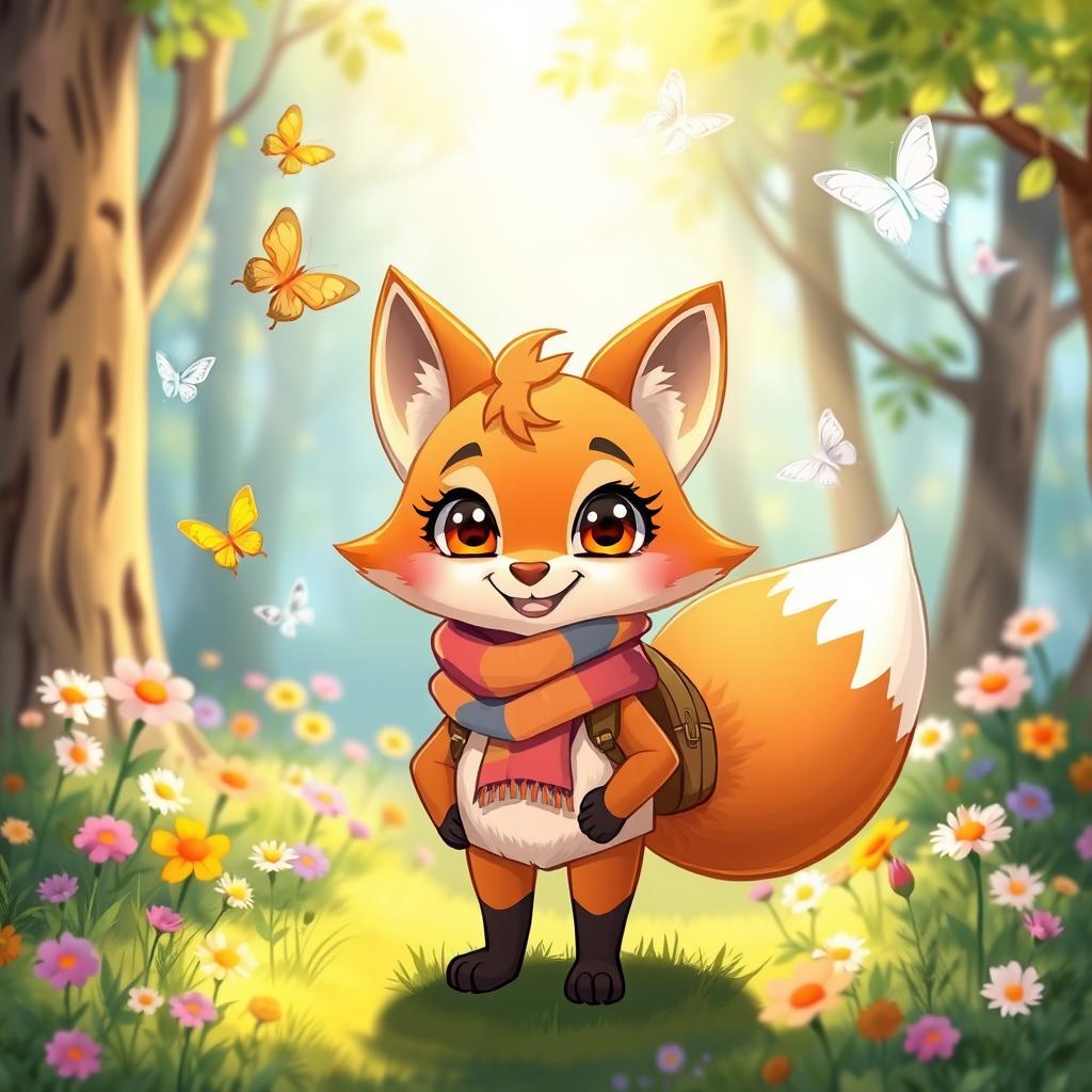 A cute anthropomorphic fox character with big, expressive eyes and a fluffy tail, wearing a colorful, playful outfit that includes a bright scarf and a little backpack