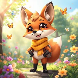 A cute anthropomorphic fox character with big, expressive eyes and a fluffy tail, wearing a colorful, playful outfit that includes a bright scarf and a little backpack