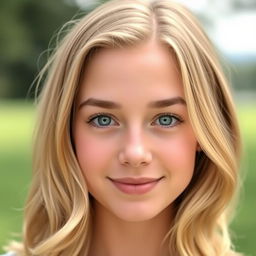 A portrait of a young woman with shoulder-length blonde hair, styled in soft waves that frame her oval face