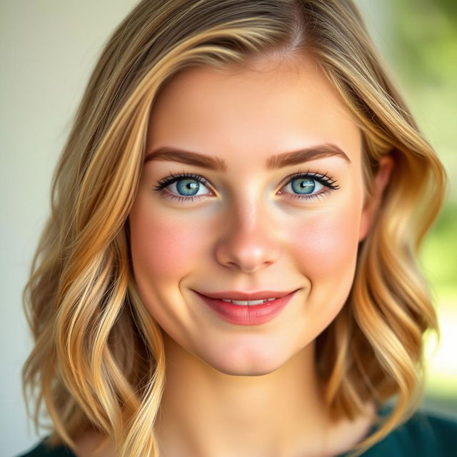 A portrait of a young woman with shoulder-length blonde hair, styled in soft waves that frame her oval face