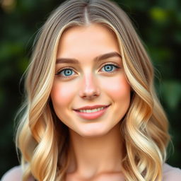 A portrait of a young woman with shoulder-length blonde hair, styled in soft waves that frame her oval face