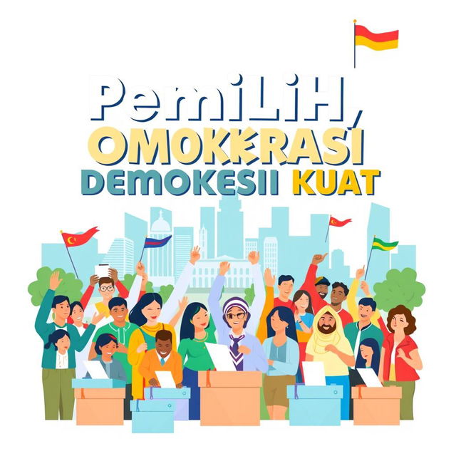 A vibrant and eye-catching poster themed 'Pemilih Cerdas, Demokrasi Kuat' featuring a diverse group of people engaged in a democratic process, such as casting votes in a lively election scene