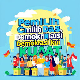 A vibrant and eye-catching poster themed 'Pemilih Cerdas, Demokrasi Kuat' featuring a diverse group of people engaged in a democratic process, such as casting votes in a lively election scene