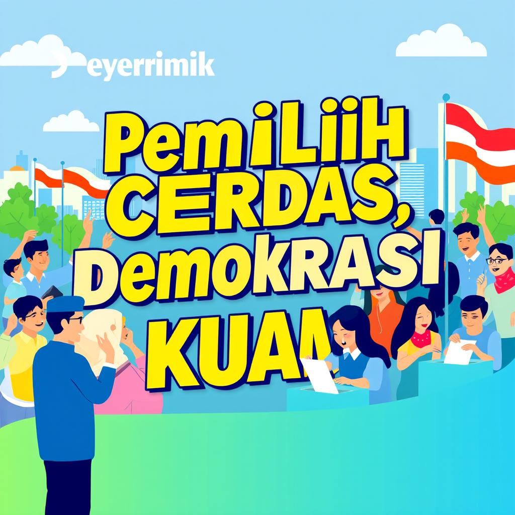 A vibrant and eye-catching poster themed 'Pemilih Cerdas, Demokrasi Kuat' featuring a diverse group of people engaged in a democratic process, such as casting votes in a lively election scene