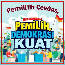 A vibrant and eye-catching poster themed 'Pemilih Cerdas, Demokrasi Kuat' featuring a diverse group of people engaged in a democratic process, such as casting votes in a lively election scene