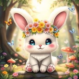A cute character designed as a whimsical woodland creature, resembling a fluffy bunny with oversized ears and sparkling blue eyes