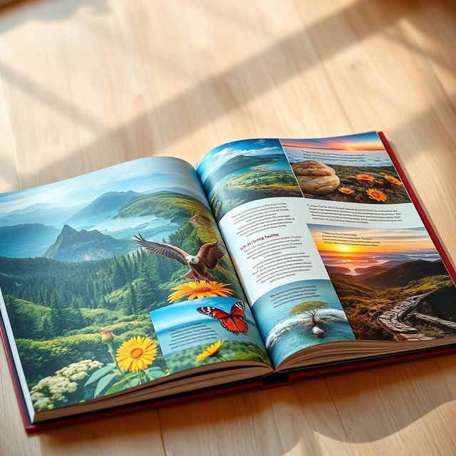 A beautifully designed coffee table book open to a colorful page featuring stunning nature photography