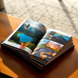 A beautifully designed coffee table book open to a colorful page featuring stunning nature photography