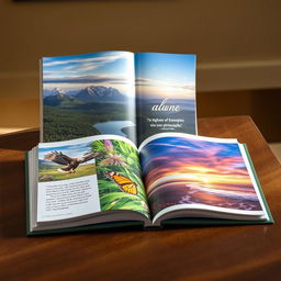 A beautifully designed coffee table book open to a colorful page featuring stunning nature photography