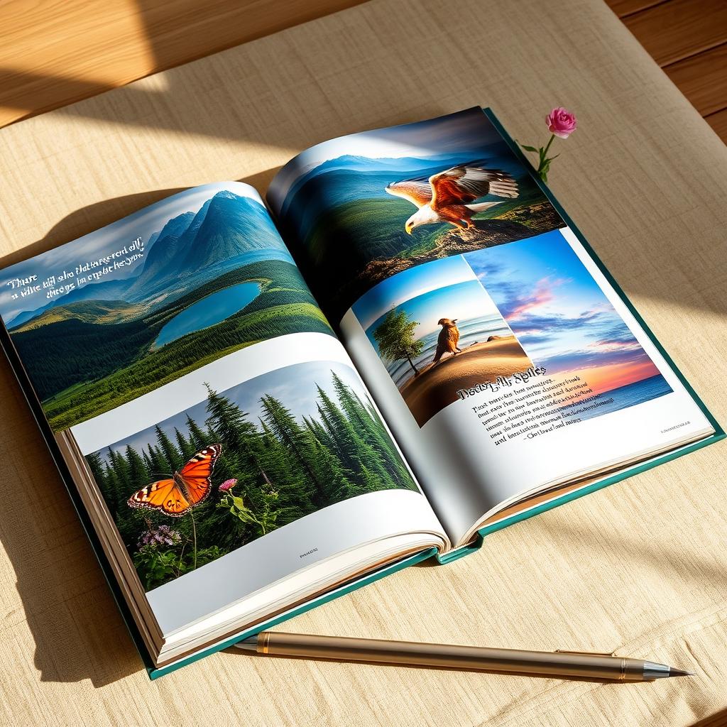 A beautifully designed coffee table book open to a colorful page featuring stunning nature photography