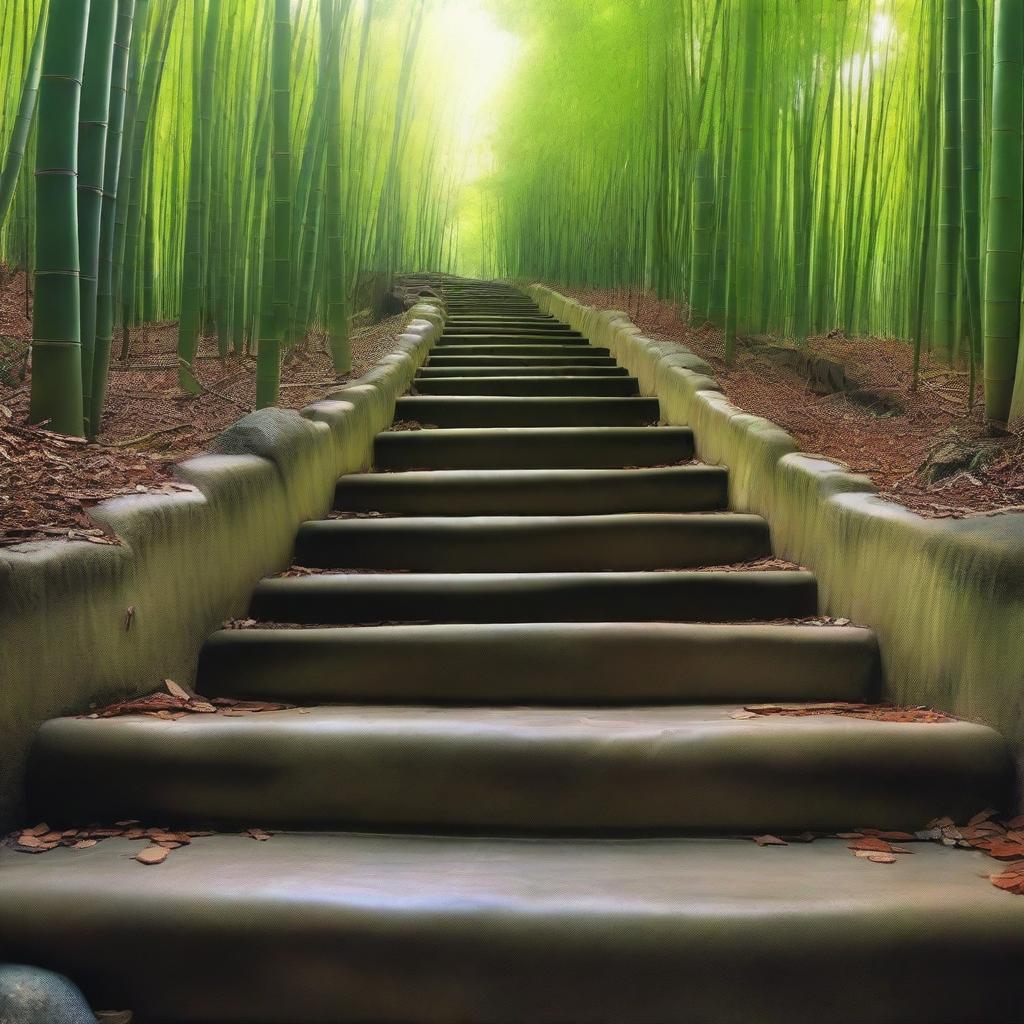 An impressively realistic, high-quality photograph featuring a series of separate, light-colored stone tile steps, descending down a mountain trail surrounded by a dense, green bamboo forest