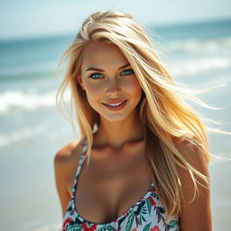 A beautiful dark blonde woman with clear skin and striking light-colored eyes, a mix of blue and green, standing confidently at a beach
