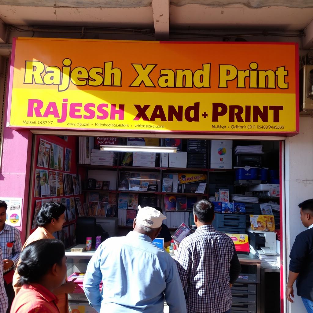 A vibrant and bustling print shop named 'Rajesh Xerox and Print', featuring a colorful storefront with large windows showcasing various printed materials such as brochures, flyers, and business cards