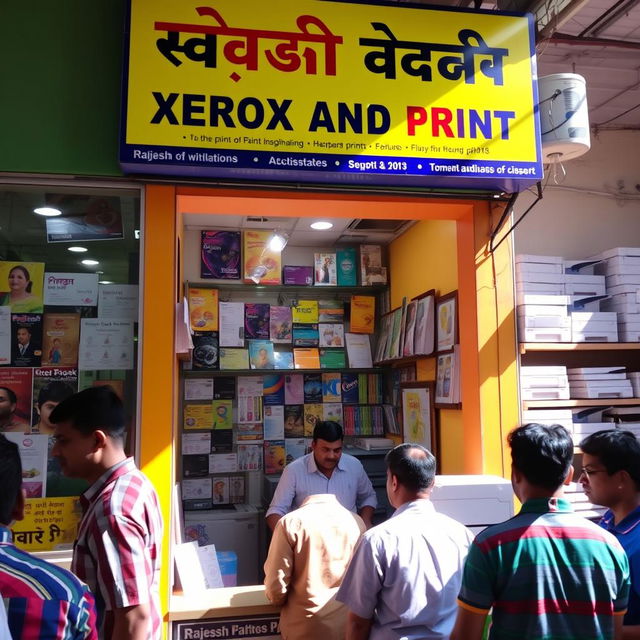 A vibrant and bustling print shop named 'Rajesh Xerox and Print', featuring a colorful storefront with large windows showcasing various printed materials such as brochures, flyers, and business cards