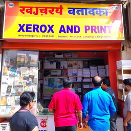 A vibrant and bustling print shop named 'Rajesh Xerox and Print', featuring a colorful storefront with large windows showcasing various printed materials such as brochures, flyers, and business cards