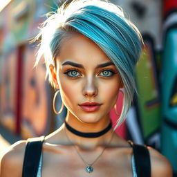 A vibrant portrait of a young woman with striking light blue hair styled in a trendy cut