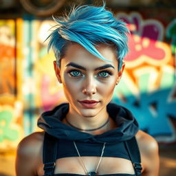 A vibrant portrait of a young woman with striking light blue hair styled in a trendy cut