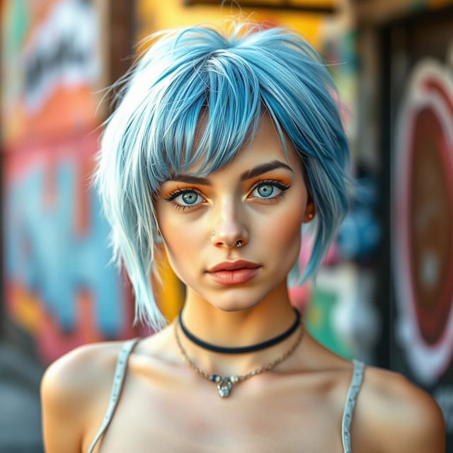 A vibrant portrait of a young woman with striking light blue hair styled in a trendy cut