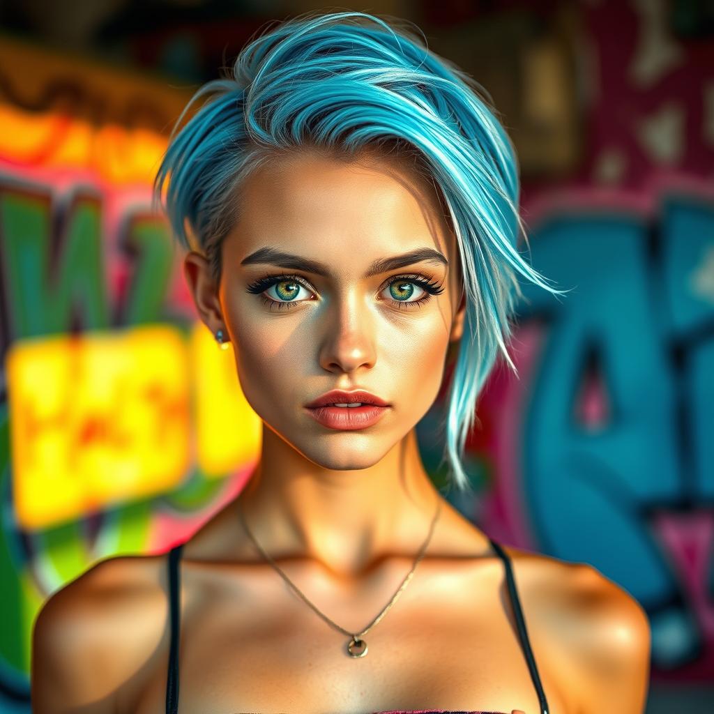 A vibrant portrait of a young woman with striking light blue hair styled in a trendy cut