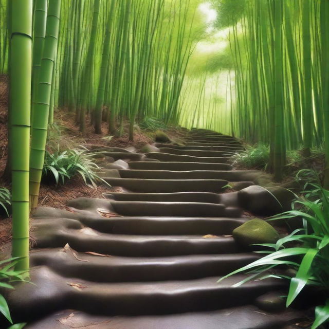 An impressively realistic, high-quality photograph featuring a series of separate, light-colored stone tile steps, descending down a mountain trail surrounded by a dense, green bamboo forest