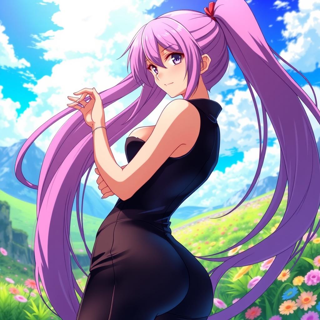 A stunning anime character with long, flowing hair, dressed in a stylish, form-fitting outfit that highlights their curves