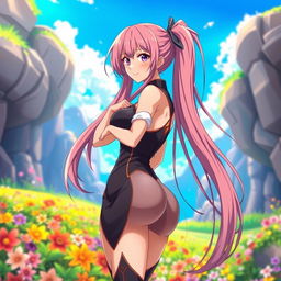 A stunning anime character with long, flowing hair, dressed in a stylish, form-fitting outfit that highlights their curves