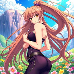 A stunning anime character with long, flowing hair, dressed in a stylish, form-fitting outfit that highlights their curves