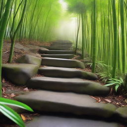 An impressively realistic, high-quality photograph featuring a series of separate, light-colored stone tile steps, descending down a mountain trail surrounded by a dense, green bamboo forest