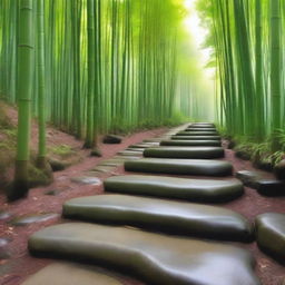 A highly realistic, top-quality photograph showcasing a series of separate, light-colored stepping stones, descending down a mountain trail surrounded by a lush, green bamboo forest