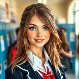 A beautiful woman with dark blonde hair, light skin, and striking eyes that are a mix of blue and green, creating a stunning appearance