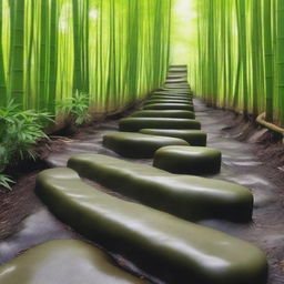 A highly realistic, top-quality photograph showcasing a series of separate, light-colored stepping stones, descending down a mountain trail surrounded by a lush, green bamboo forest