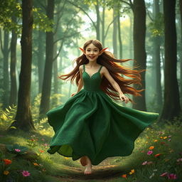 A whimsical scene depicting a young woman with elegant elf ears and long, flowing brown hair, captured mid-run through an enchanting forest