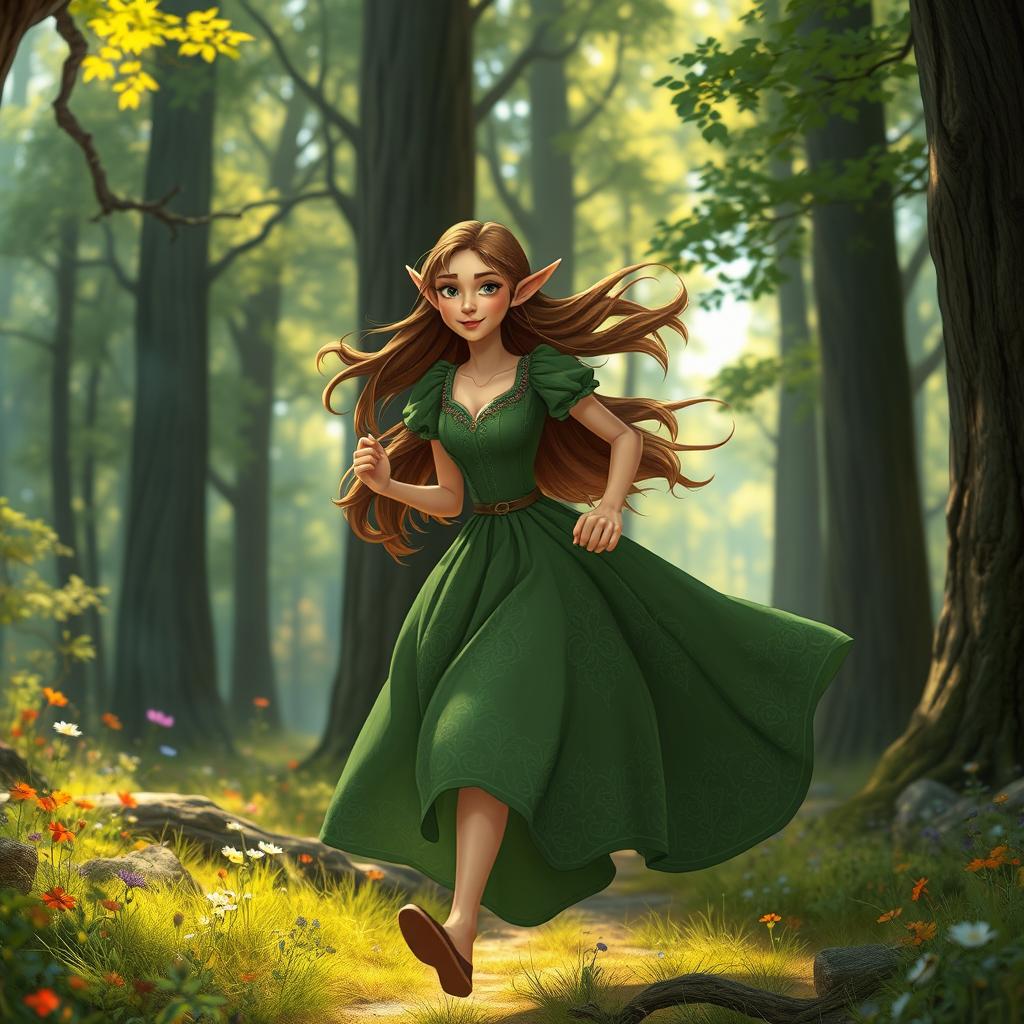 A whimsical scene depicting a young woman with elegant elf ears and long, flowing brown hair, captured mid-run through an enchanting forest