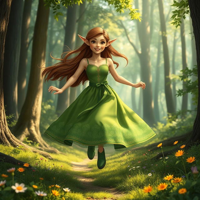 A whimsical scene depicting a young woman with elegant elf ears and long, flowing brown hair, captured mid-run through an enchanting forest