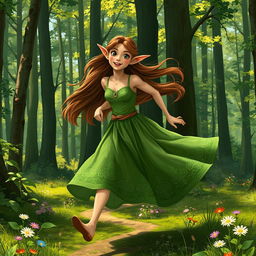 A whimsical scene depicting a young woman with elegant elf ears and long, flowing brown hair, captured mid-run through an enchanting forest