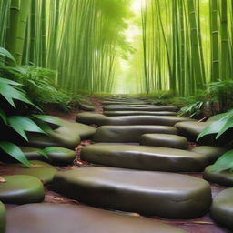 A highly realistic, top-quality photograph showcasing a series of separate, light-colored stepping stones, descending down a mountain trail surrounded by a lush, green bamboo forest